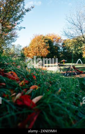 Un tranquillo parco mostra la bellezza dell'autunno con foglie colorate sparse sull'erba. Sullo sfondo, un'area giochi per bambini presenta altalene Foto Stock