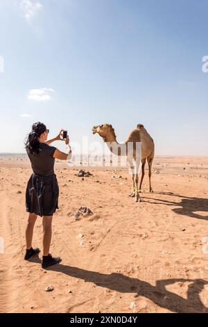 Donna prendendo fotografie di cammello nel deserto Foto Stock