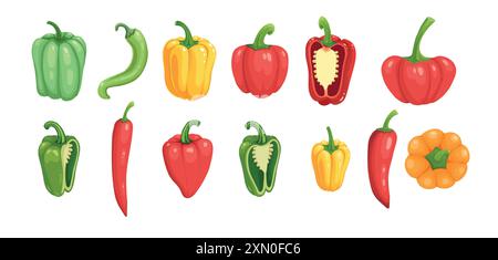 Vari peperoni. Cartoni animati rosso verde giallo arancio paprika dolce, verdure biologiche fresche per cucinare e mangiare sano. Set colorato vettoriale di Illustrazione Vettoriale