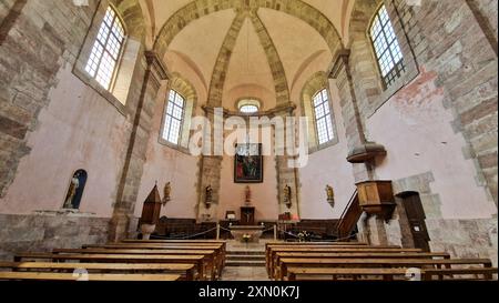 Vista interna della chiesa di Saint Louis (XVII), Mont-Delfino, Hautes-Alpes, Queyras, Francia Foto Stock