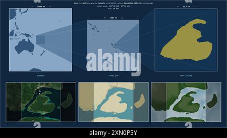 Aore Island nel Mar dei Coralli - appartenente a Vanuatu. Schema della posizione descritto con la forma gialla dell'isola e mappe campione dei dintorni Foto Stock