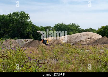 Un escavatore opera in un cantiere, spostando terra e sabbia tra cumuli di terra e vegetazione circostante in un ambiente soleggiato. Foto Stock