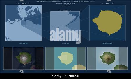 Carlisle Island nel Mare di Bering - appartenente agli Stati Uniti. Schema di posizione descritto con la forma gialla dell'isola e mappe campione del suo surr Foto Stock