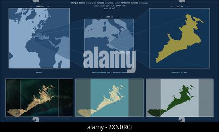 Isola Chergui nel Mar Mediterraneo - bacino orientale - appartenente alla Tunisia. Schema della posizione descritto con la forma gialla dell'isola e campione Foto Stock