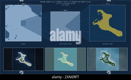 Christmas Island nell'Oceano Pacifico settentrionale - appartenente a Kiribati. Schema di posizione descritto con la forma gialla dell'isola e mappe campione di ITS Foto Stock