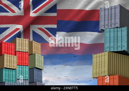 Bandiera dello stato delle Hawaii e una grande pila di container per il trasporto merci in banchine con sfondo cielo da vicino Foto Stock