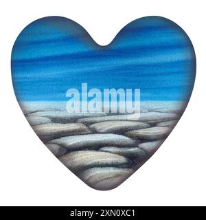 Mare di onde blu e sott'acqua a forma di cuore di vetro come souvenir. Amore per il mare nel cuore. Illustrazione acquerello come f. Vuota Foto Stock