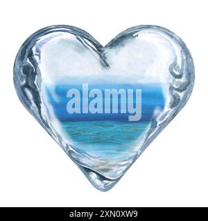 Mare di onde blu e sott'acqua a forma di cuore di vetro come souvenir. Amore per il mare nel cuore. Illustrazione acquerello come f. Vuota Foto Stock