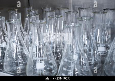 Matracci di Erlenmeyer in vetro sul ripiano pronti per l'analisi chimica. Foto Stock