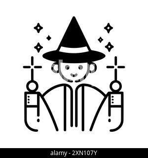Icona mago o simbolo di linea moderna. Grafica a linee vettoriali e design a icone con un contorno audace. Simbolo minimalista Pixel Perfect in bianco e nero isolato Illustrazione Vettoriale