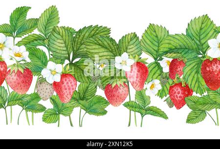 Bordo senza cuciture per fragole rosse. Bacche rosse mature, fiori e foglie. Ornamento ad acquerello disegnato a mano. Cibo delizioso, pittori botanici freschi e realistici Foto Stock