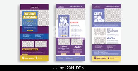 Set di modelli di newsletter via e-mail per istruzione, studio all'estero e interfaccia interfaccia utente o modello di intestazione del sito Web di apprendimento online, siti Web di ammissione scolastica online Illustrazione Vettoriale