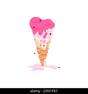 Gelato nel cono di cialda che si scioglie, gocce di sundae rosa scorrono verso il basso illustrazione vettoriale Illustrazione Vettoriale
