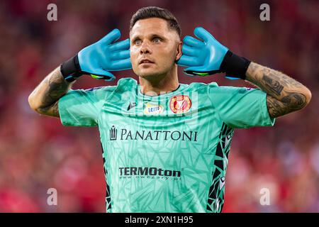 Rafal Gikiewicz di Widzew celebra un gol durante la partita polacca di PKO Ekstraklasa League tra Widzew Lodz e Lech Poznan allo stadio municipale di Widzew Lodz. Punteggio finale; Widzew Lodz 2:1 Lech Poznan. Foto Stock