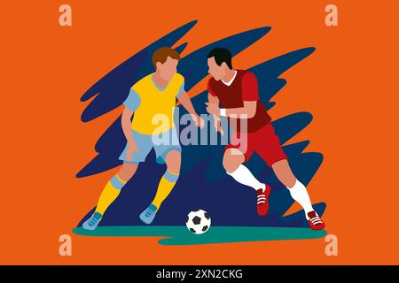 Illustrazione colorata di una partita di calcio in dinamica. Due giocatori di football su un campo con una palla. Concetto di torneo di calcio. Foto Stock