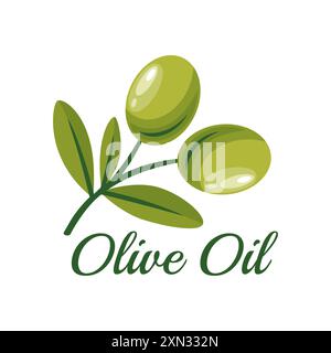 Olive verdi Flat Vector. Olive Berries on a Branch. Olive Tree Berry Clipart disegnato a mano. Modello di design con logo per olio d'oliva per i prodotti a base di olio d'oliva Illustrazione Vettoriale