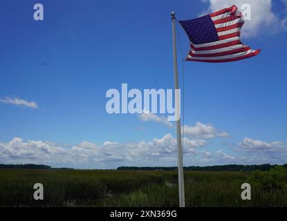 Una bandiera americana che sventola con orgoglio contro un cielo azzurro, simboleggia il patriottismo e la libertà. Foto Stock