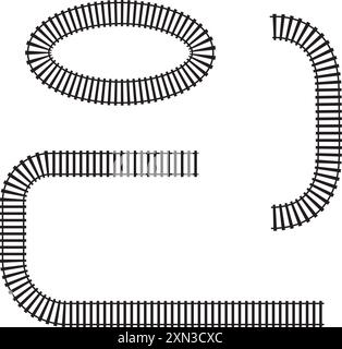 Set di parti ferroviarie. Vista dall'alto elementi ferroviari. Linee curve dei binari e telaio ovale isolato su sfondo bianco. Struttura della recinzione o delle scale Illustrazione Vettoriale