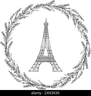 Silhouette della Torre Eiffel al centro della cornice lavanda illustrazione vettoriale disegnata a mano. Simbolo di Parigi e Francia. Vernice vintage per disegno di ghirlande Illustrazione Vettoriale