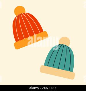Due cappelli a maglia. Illustrazione vettoriale in stile piatto. Illustrazione Vettoriale