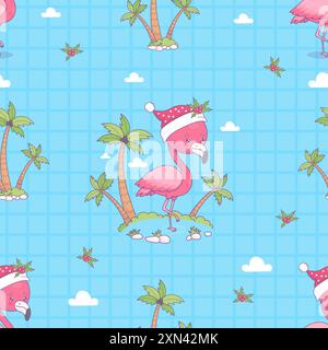Motivo senza cuciture con fenicottero rosa natalizio in cappello di Babbo Natale con palme tropicali su sfondo blu a scacchi. Divertente cartoni animati natalizi kawaii Bird ch Illustrazione Vettoriale
