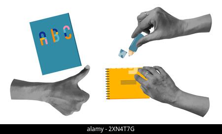 Ritorno a scuola collage con le mani mezzitoni. Cartoline, notebook, banner di design di tendenza. Illustrazione vettoriale. Illustrazione Vettoriale