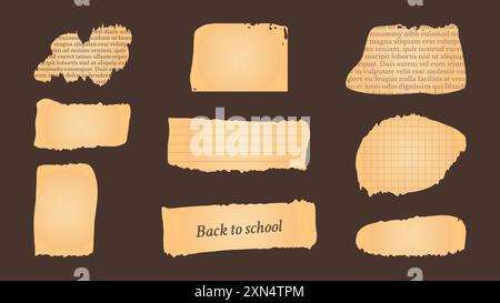 Carta ed elementi per lo scrapbooking vecchio strappato. Elementi per collage in stile retrò. Diverse texture motivi bordi irregolari imitazione dei frammenti di giornale. Illustrazione vettoriale. Illustrazione Vettoriale