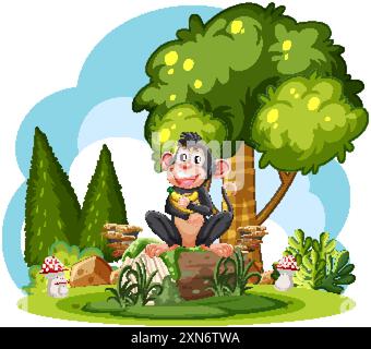 Una scimmia allegra seduta in una foresta Illustrazione Vettoriale