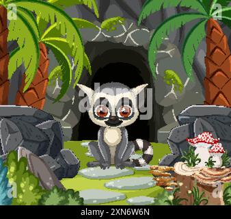 Un lemure si trova vicino a una grotta nella giungla Illustrazione Vettoriale
