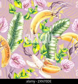 Motivo tropicale acquerello con banane e fiori. Motivo floreale tropicale con foglie di palma. Motivo floreale per design packaging, fabri Foto Stock