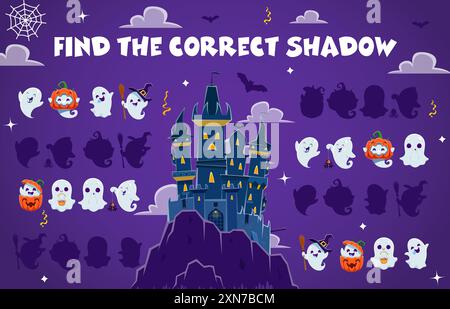 Gioco di Halloween, trova l'ombra corretta dei simpatici personaggi fantasma kawaii. Foglio di lavoro del gioco Shadow Match Kids, silhouette trova divertente quiz vettoriale per bambini Illustrazione Vettoriale