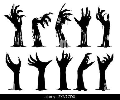 Halloween zombie mani silhouette, vettoriale horror vacanza. Mostri spaventosi armi che arrivano dal cimitero. Uomo morto malvagio, spaventoso cimitero Illustrazione Vettoriale