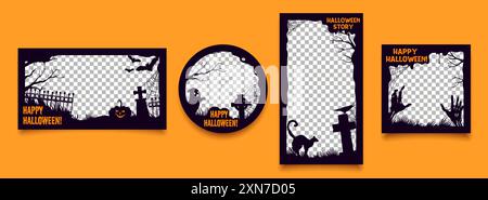 Modelli di social media con cornice nera Halloween con sagome vettoriali di mostri natalizi. Zucca horror, fantasma, pipistrelli e mani zombie, ce Illustrazione Vettoriale