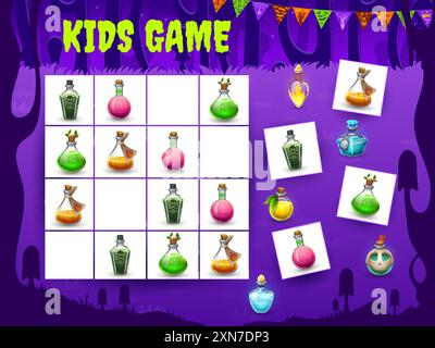Gioco di sudoku per bambini di Halloween con bottiglie di pozione. Quiz logico per bambini, enigma intelligente o foglio di lavoro vettoriale del puzzle sudoku di Halloween con pozione magica fla Illustrazione Vettoriale