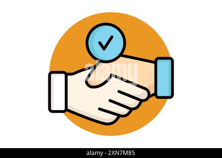 Icona assunta. stretta di mano con il segno di spunta. icona relativa al reclutamento. stile icona contorno colorato. illustrazione vettoriale degli elementi aziendali Illustrazione Vettoriale
