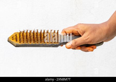 Donna che tiene una vecchia spazzola metallica arrugginita e le setole iniziano a rompersi Foto Stock