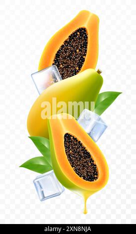 Papaya fresca matura e cubetti di ghiaccio. Composizione di papaya fresca con foglie, papaya intera, metà e fette di frutta esotica, illustrazione vettoriale realistica in 3D. Illustrazione Vettoriale