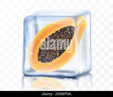 Fetta di papaya fresca matura in cubetti di ghiaccio isolati su fondo trasparente di papaya di frutta tropicale congelata. illustrazione vettoriale 3d realistica. Bella somma Illustrazione Vettoriale
