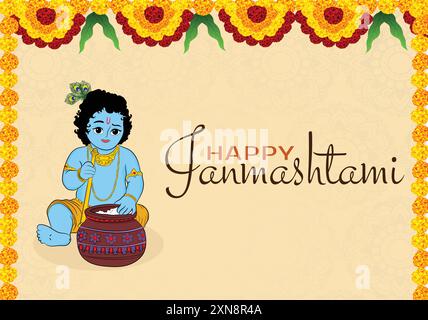 Manifesto di illustrazione vettoriale della festa religiosa indù indiana e testo scritto a mano Bal gopal krishna con pentola e bansuri. Illustrazione Vettoriale