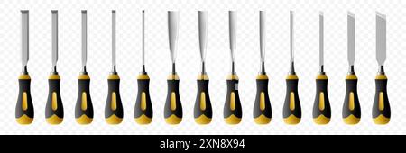 Set di scalpelli, utensili manuali per carpenteria per la lavorazione del legno e l'intaglio del legno. Sta per lavorare con il legno. Scalpelli con manico in legno isolato su trasparente Illustrazione Vettoriale