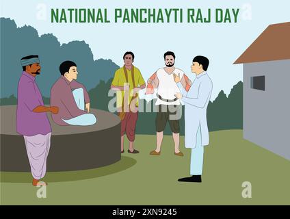 Illustrazione vettoriale giornata nazionale panchayati raj, vista della gente del villaggio indiano che ha una riunione gram panchayat. Illustrazione Vettoriale