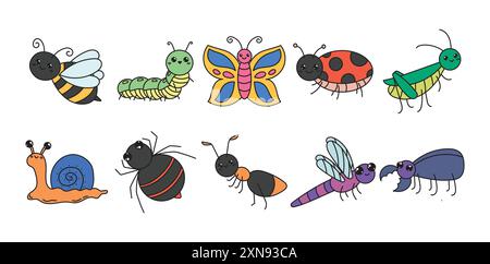 Set Cartoon Bugs Doodles Illustrazione Vettoriale