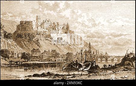 Un'incisione del XIX secolo della città, del fiume e del castello a Heidelberg, (Heidlberg) Germania - Ein Stich aus dem 19. Jahrhundert mit der Stadt, dem Fluss und dem Schloss in Heidelberg, Deutschland - Foto Stock