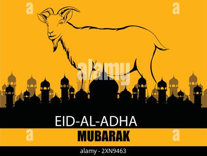 Illustrazione vettoriale di eid al adha mubark silhouette della moschea su sfondo giallo con capra. Illustrazione Vettoriale