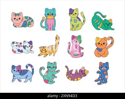 Set di illustrazioni colorate Doodle Cat Illustrazione Vettoriale