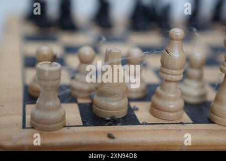 Scacchiera scacchiera scacchiera pezzi di scacchi con ragnatele e polvere - concetto capacità di pensiero decisioni strategia prossima mossa dimenticata abbandonata inutilizzata Foto Stock