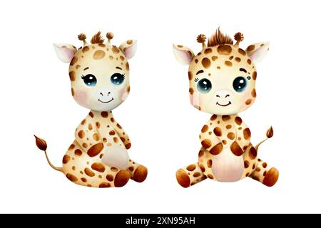 Carine giraffe. Acquerello disegnato a mano safari con illustrazioni di animali seduti isolati sullo sfondo. Per designer, cartoline, saluti, compleanno, c Foto Stock