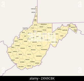 Contee della Virginia Occidentale, mappa politica con i confini e i nomi delle contee. Stato senza sbocco sul mare nelle regioni sud-orientali e medio-atlantiche degli Stati Uniti. Foto Stock