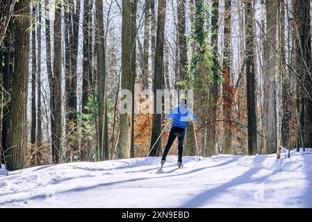 Vista posteriore dello sciatore di fondo che scivola attraverso un sentiero nella foresta innevata, godendosi un'avventura invernale all'aperto. L'atleta maschile si allena in una soleggiata foresta invernale, pattinando lungo la pista. Foto Stock
