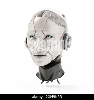 Testa cyborg femminile isolata su sfondo bianco. Illustrazione 3D. Foto Stock